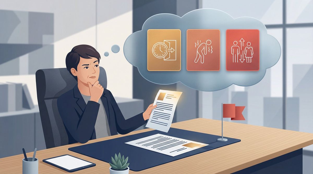 Hiring manager reviewing an overqualified resume with a thought bubble showing three employer risk fears