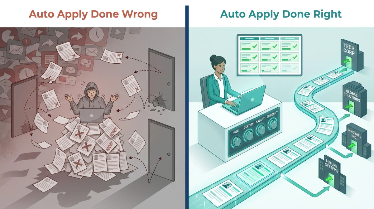 Split-panel illustration contrasting chaotic mass job applications on the left with smart, filtered, targeted auto apply on the right