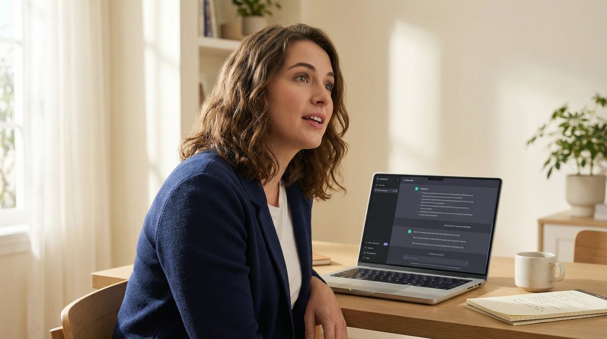 A focused job seeker practices interview answers using an AI mock interview tool on a laptop, with real-time feedback visible on screen