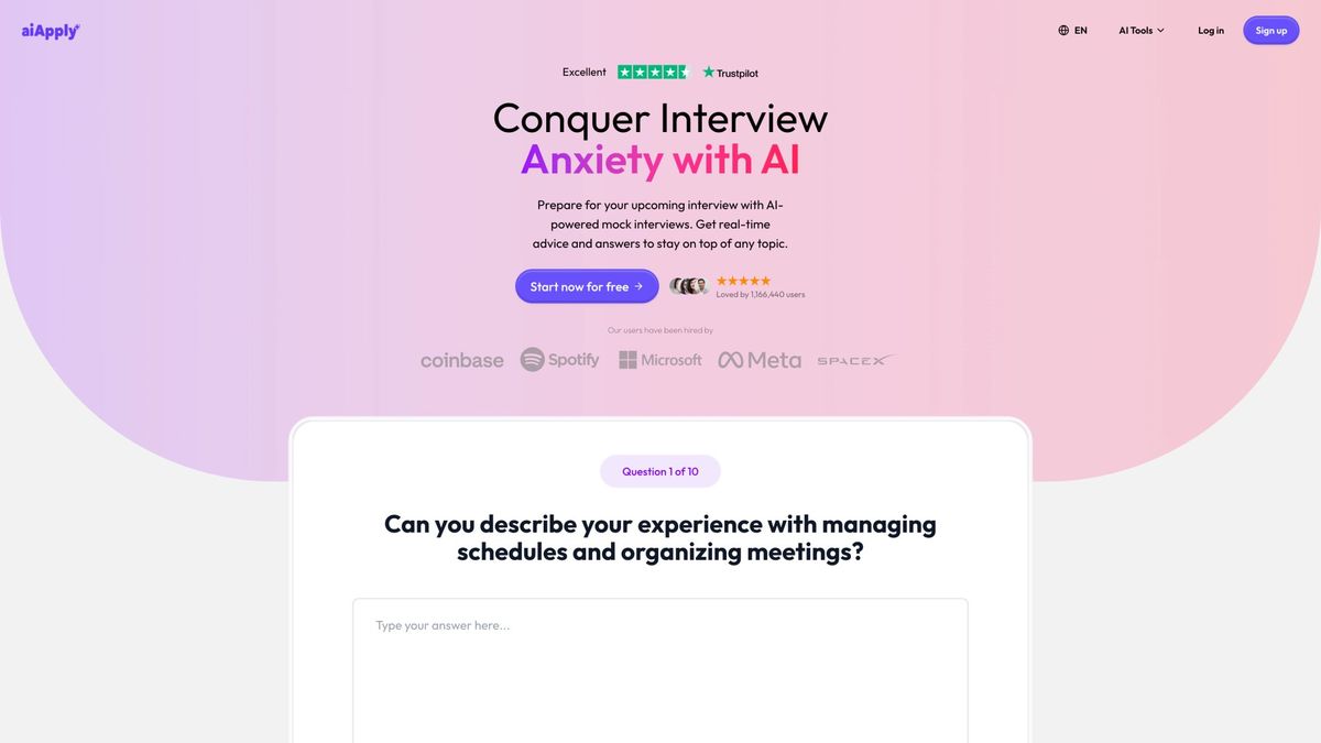 AIApply Mock Interview tool showing the interview simulator hero with live AI-generated question and response input field