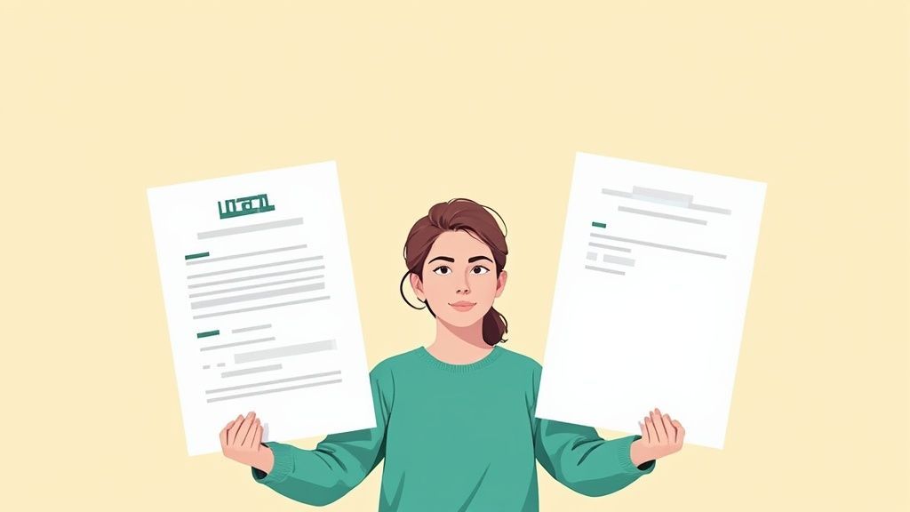 Person reviewing a resume and looking thoughtful