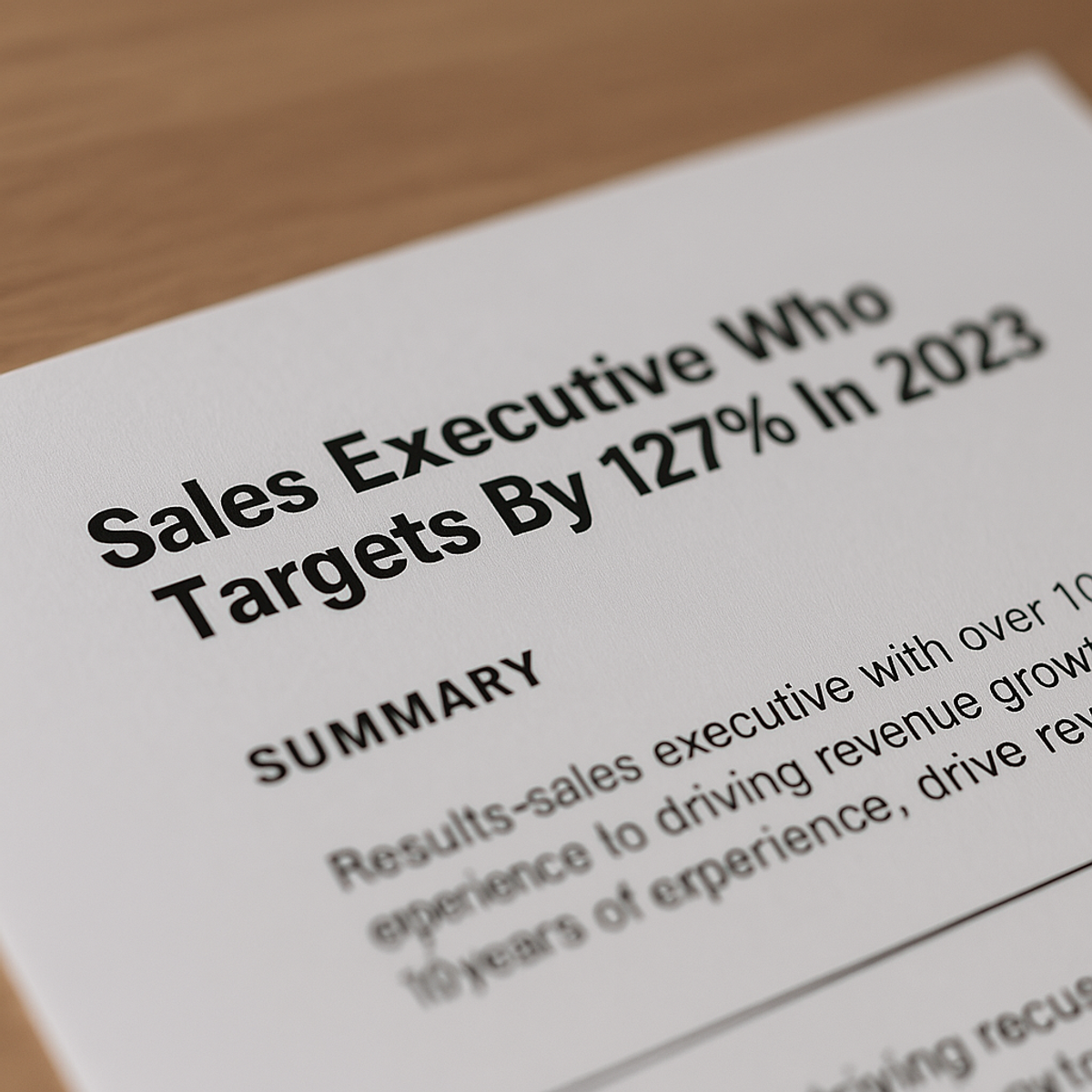 Resume summary highlighting sales executive's 127% target achievement in 2023.