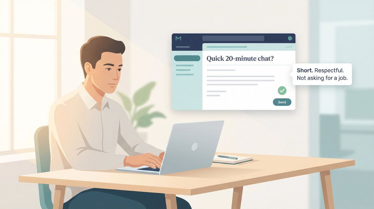 Person composing a concise informational interview request email on a laptop, conveying confident and purposeful outreach