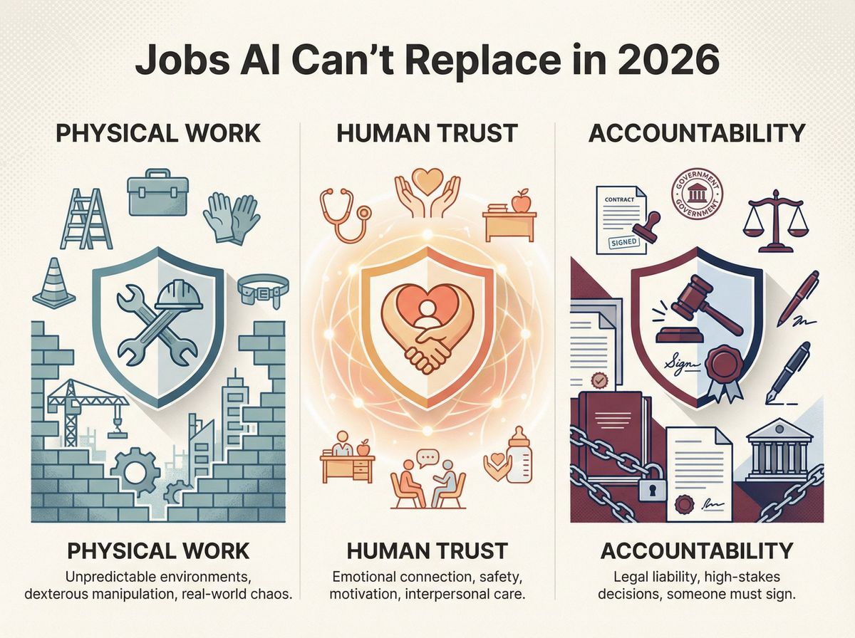 Three protection factors that shield jobs from AI automation: physical work, human trust, and legal accountability