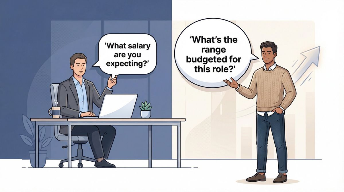 Illustration showing a candidate flipping the salary expectations question back to a recruiter during a screening call