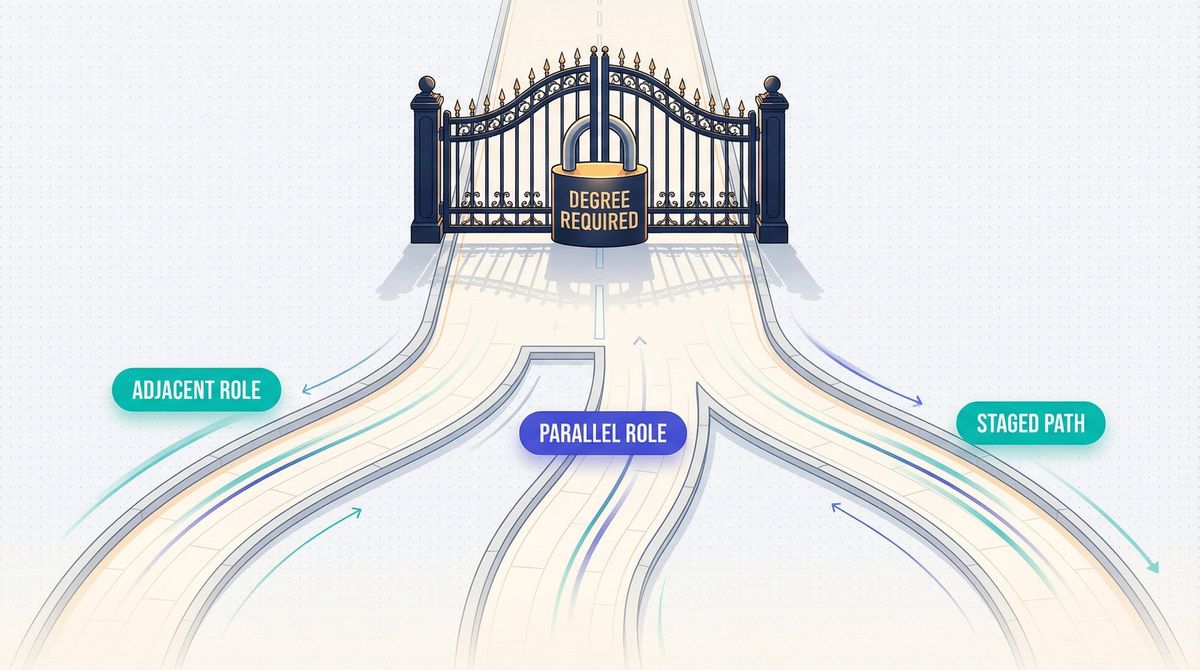 Editorial illustration showing a locked gate labeled degree-required with three open alternate pathways branching around it