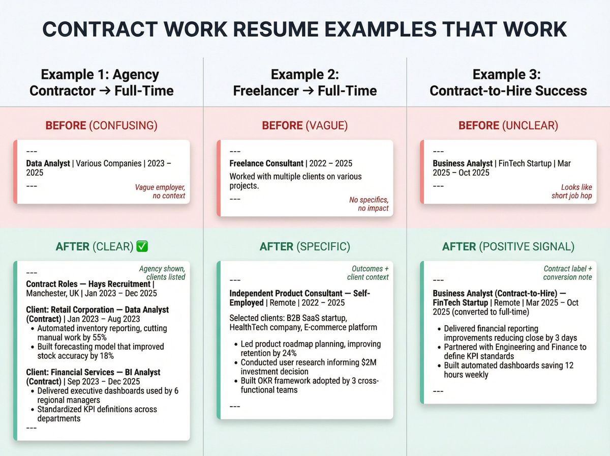Three-panel before-and-after comparison showing weak versus strong contract work formatting on resumes