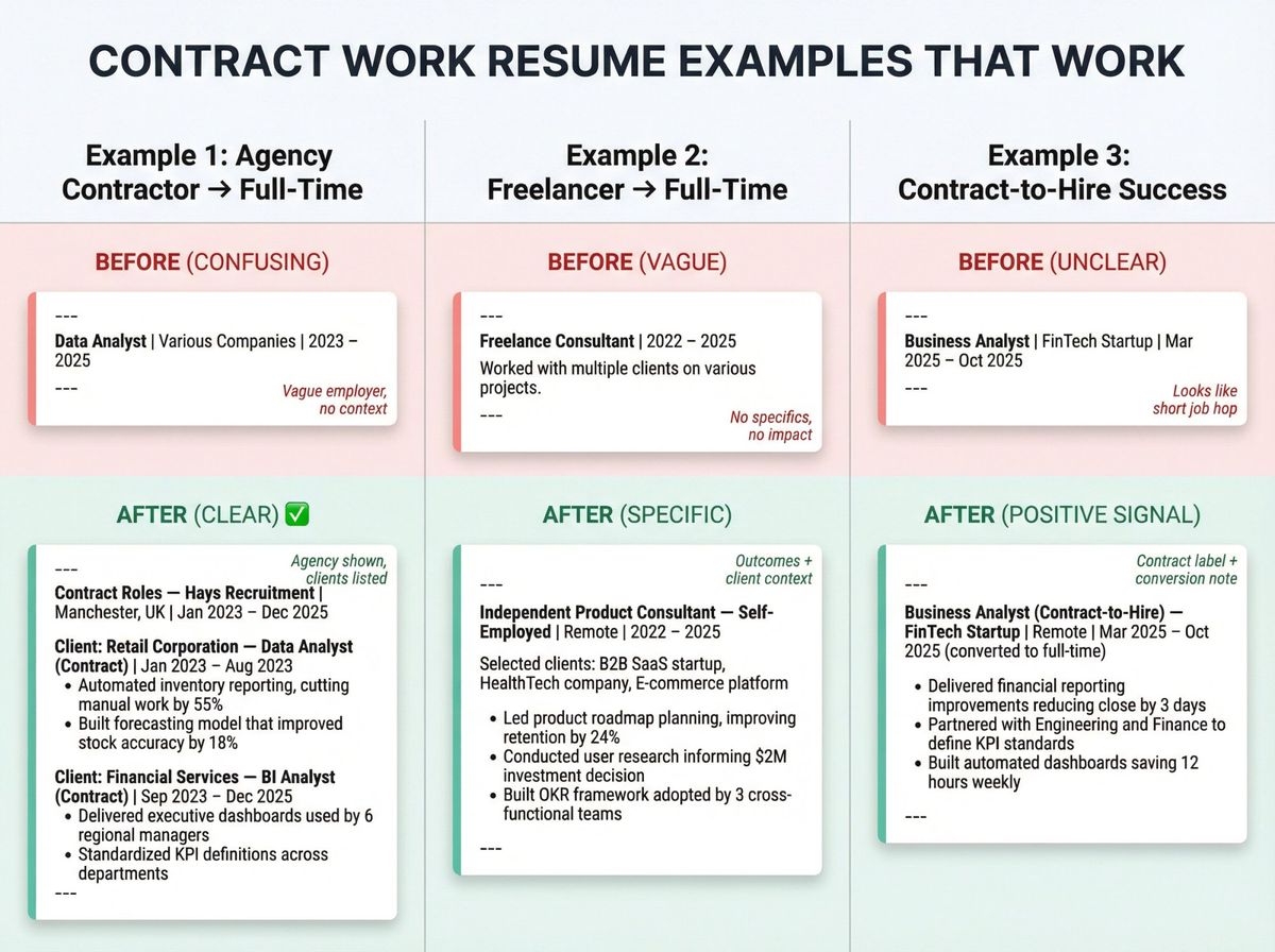 Three-panel before-and-after comparison showing weak versus strong contract work formatting on resumes