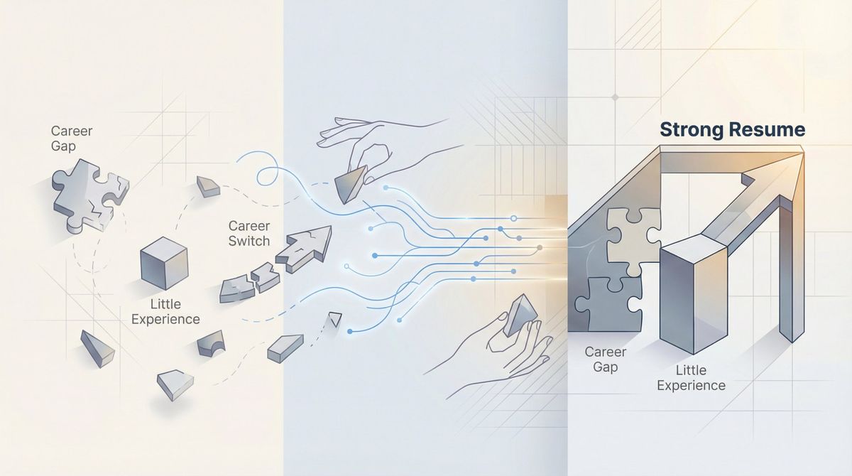 Visual metaphor showing scattered career fragments transforming into a cohesive resume structure