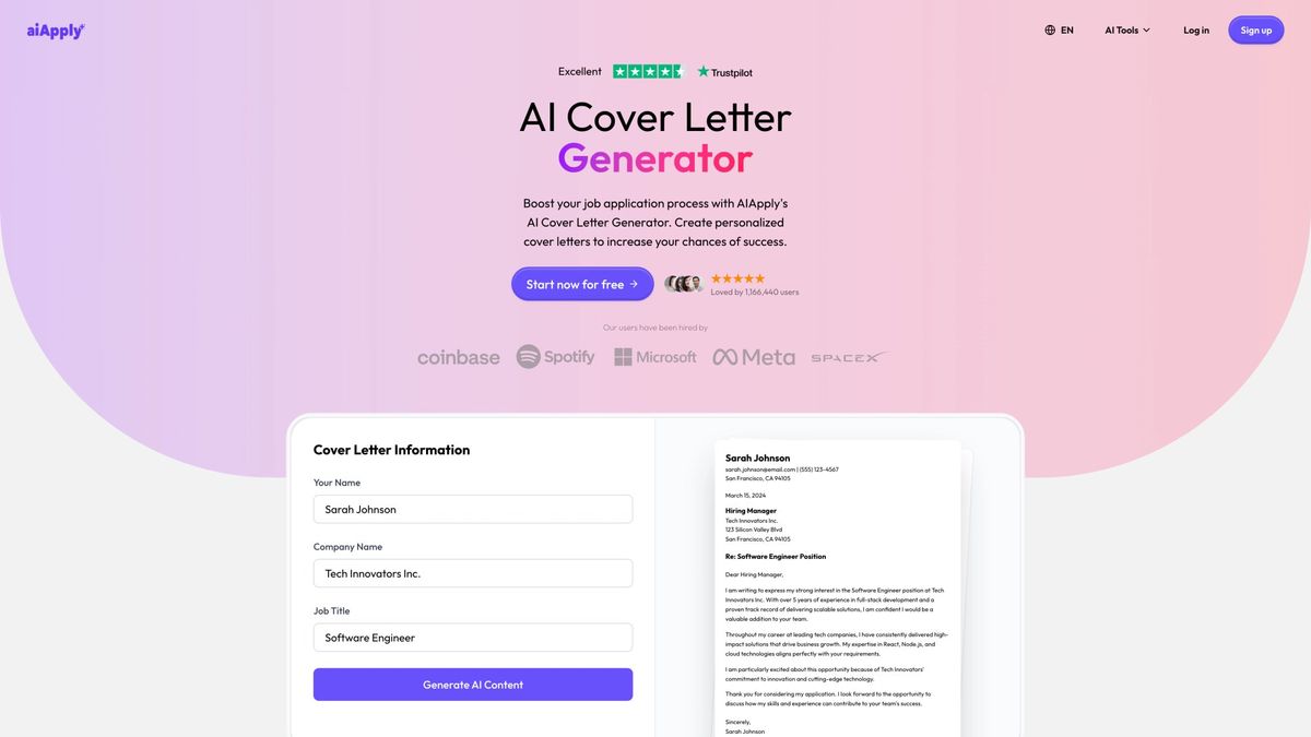 AIApply AI Cover Letter Generator showing cover letter creation form and live preview for Software Engineer position at Tech Innovators Inc.