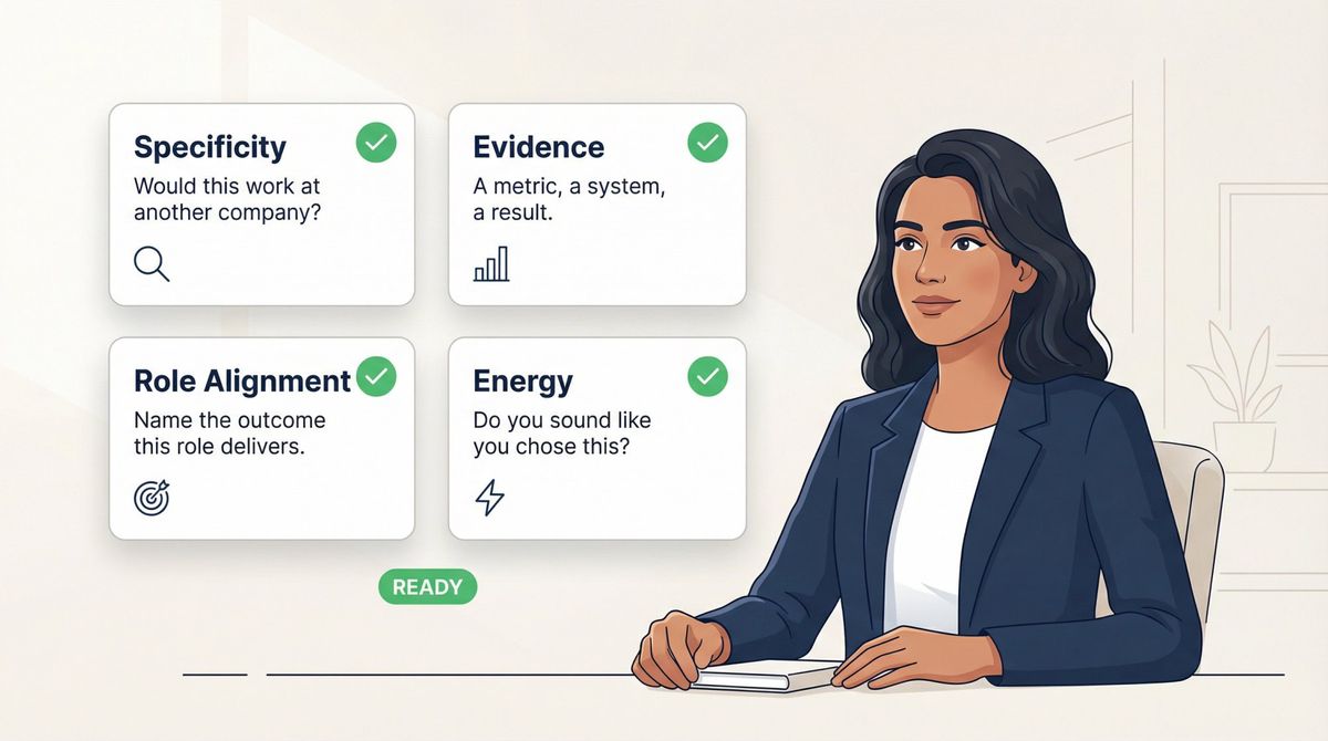 Pre-interview self-check checklist: Specificity, Evidence, Role Alignment, and Energy — all four criteria ticked green