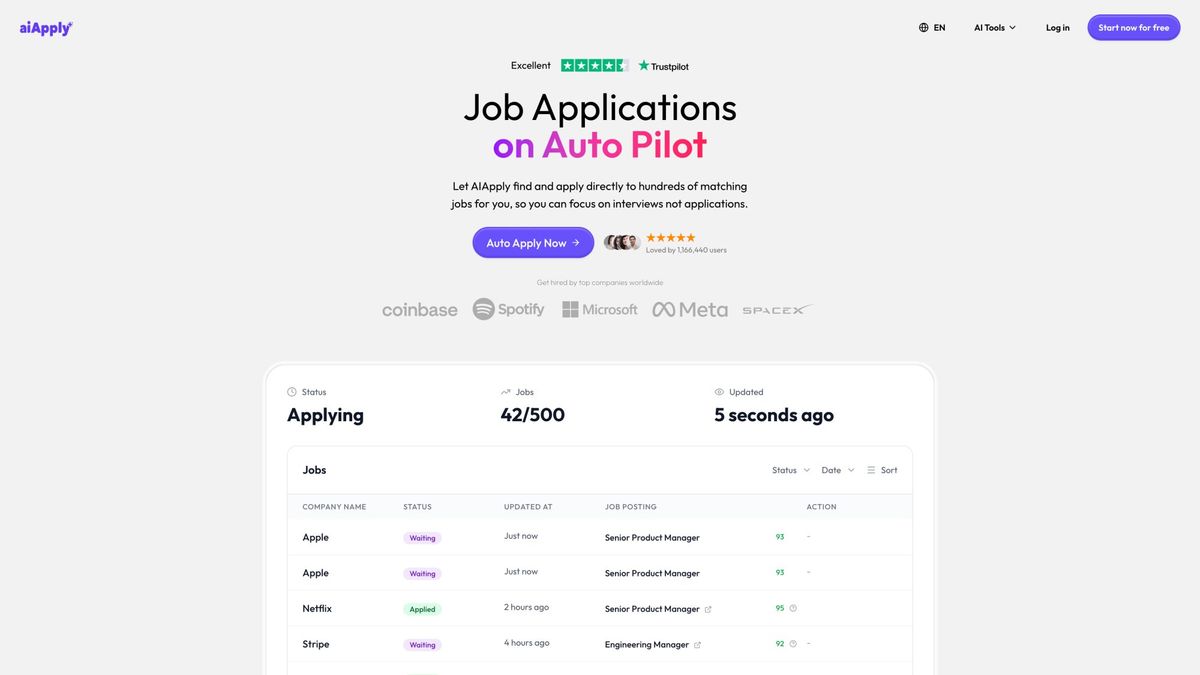 AIApply Auto Apply feature page showing automated job application system and match criteria