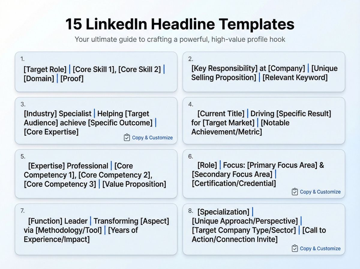 15 copyable LinkedIn headline templates organized in a clean grid layout with placeholder formulas
