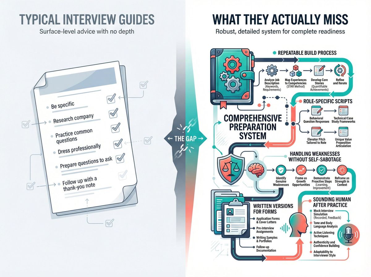 Visual comparison showing what typical interview guides cover versus critical gaps they miss about 'Why should we hire you' question