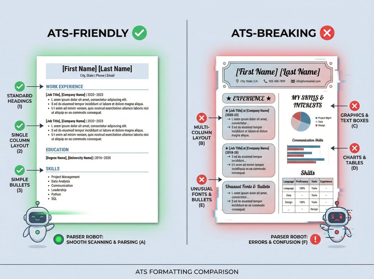 Side-by-side comparison showing ATS-friendly resume format versus ATS-breaking resume format with parsing errors