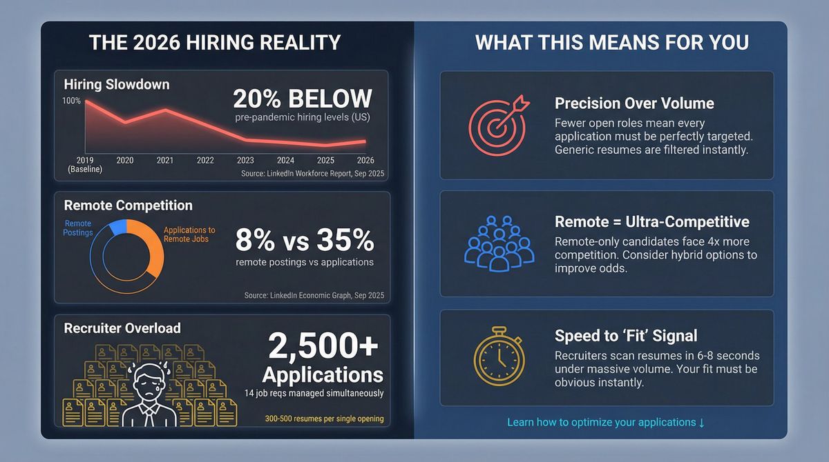 2026 job market data visualization showing hiring decline, remote job competition, and recruiter overload statistics