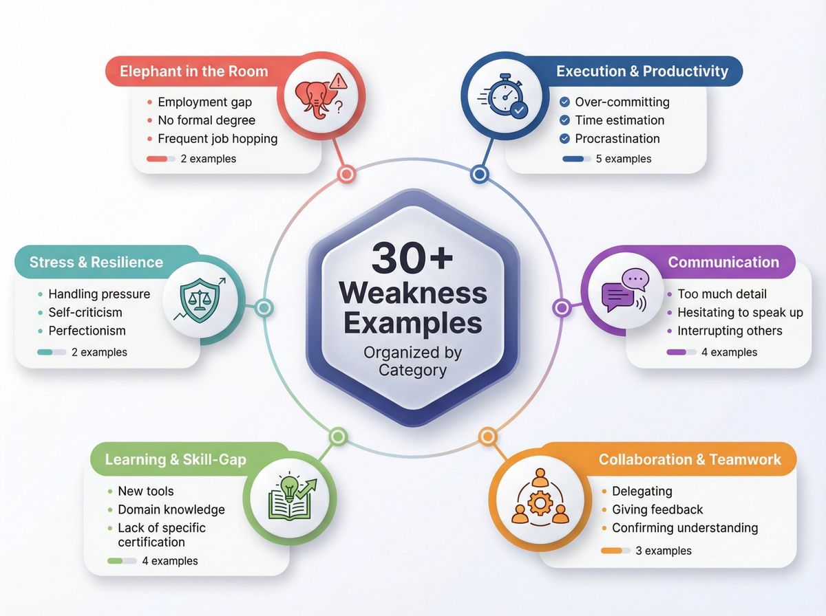 Visual guide showing 6 organized categories of interview weakness examples with 30+ ready-to-use answers
