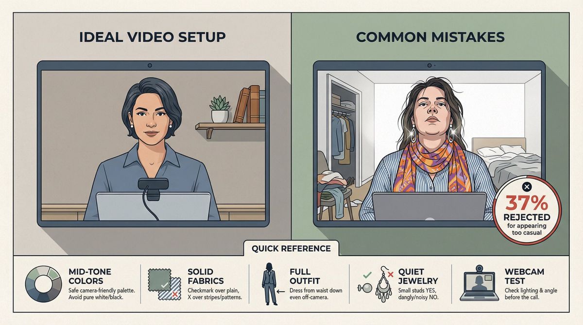 Split-screen comparison showing ideal vs problematic video interview outfit choices with camera framing