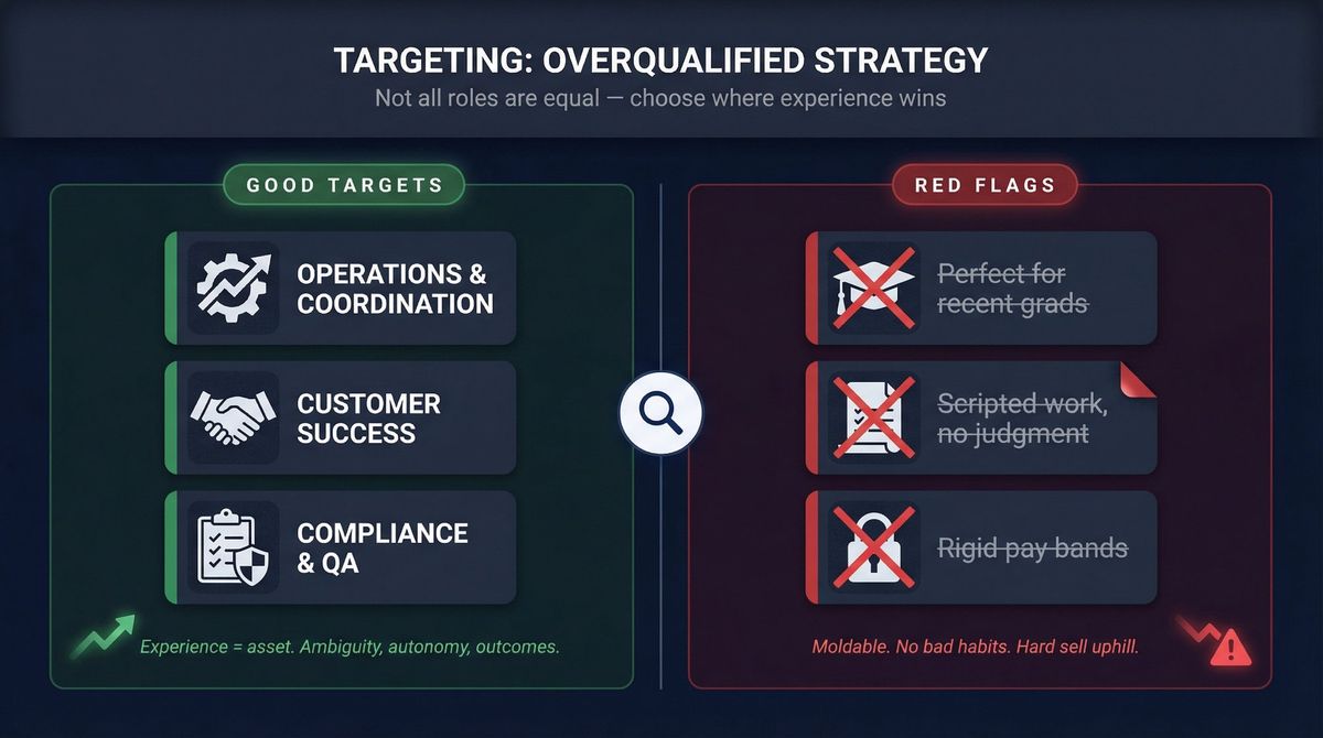 Editorial illustration contrasting green-light job roles that welcome overqualified candidates versus red-flag postings to avoid