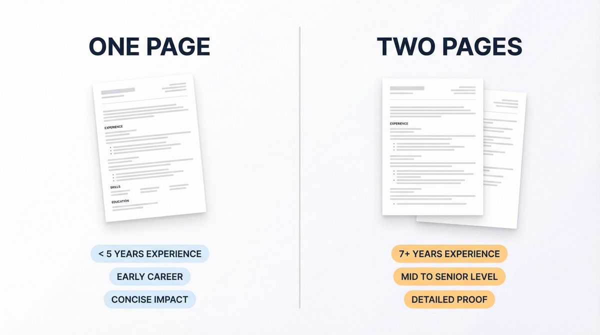 Visual comparison showing when to use one-page vs two-page resume format with decision criteria