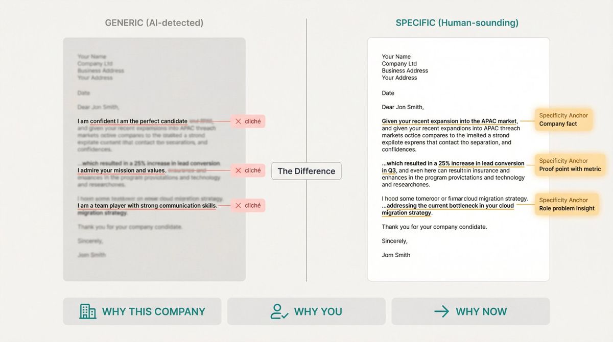 Split comparison of a generic AI cover letter versus a specific, human-sounding cover letter with highlighted specificity anchors
