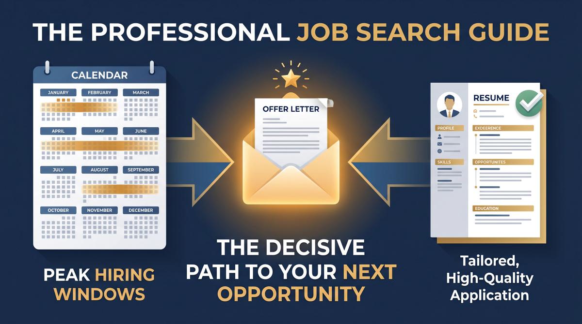 Editorial illustration showing hiring season calendar windows and a tailored resume converging into a job offer, representing that timing plus readiness wins