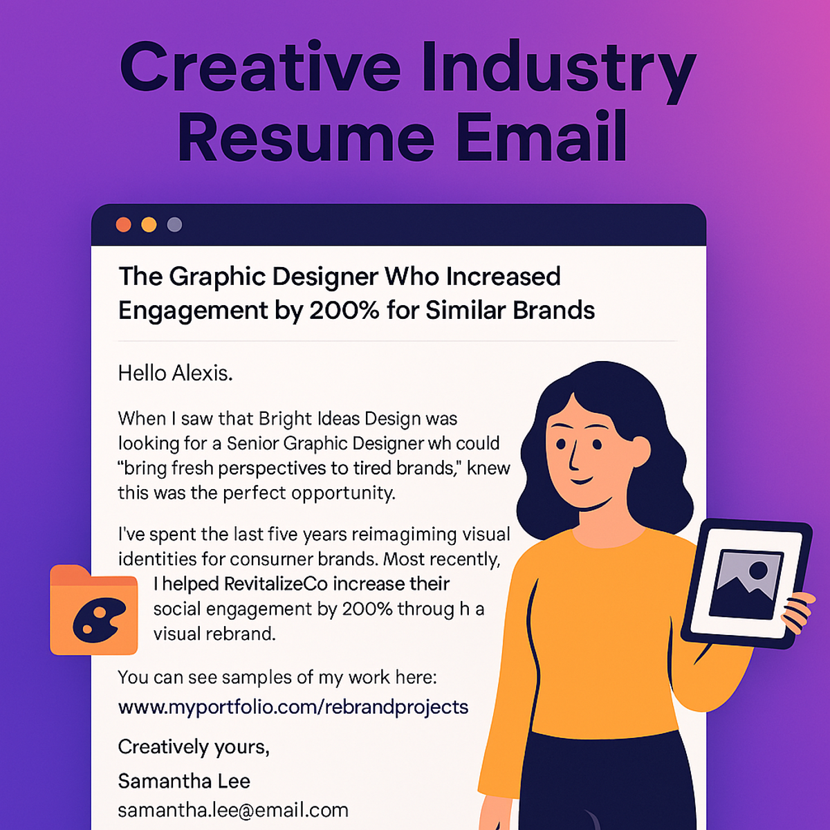 Creative resume email example for a graphic designer showcasing portfolio and results