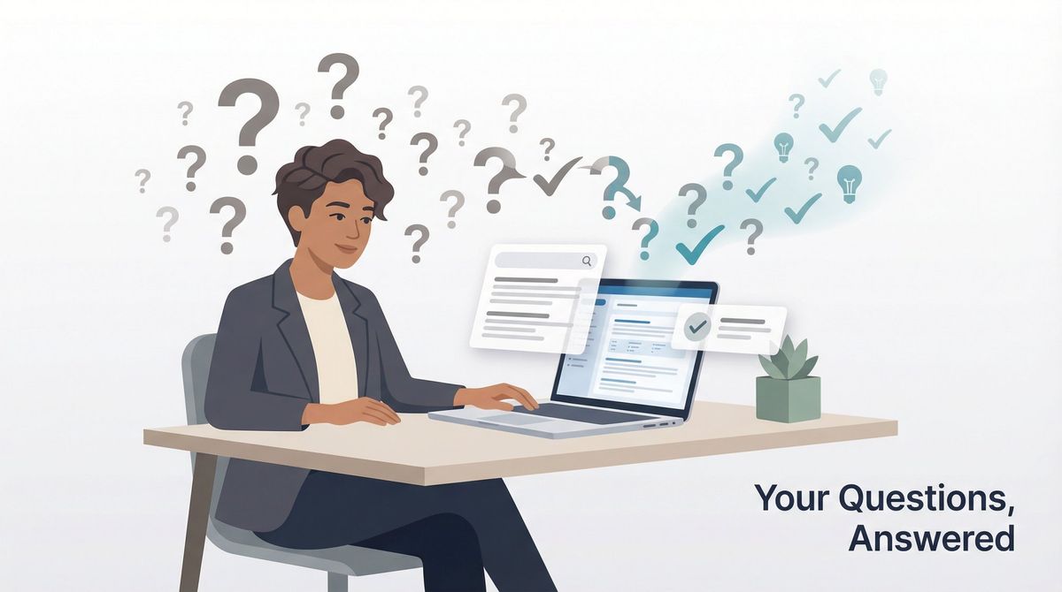 Modern editorial illustration showing a professional person at desk with question marks transforming into clarity symbols, representing FAQ answers