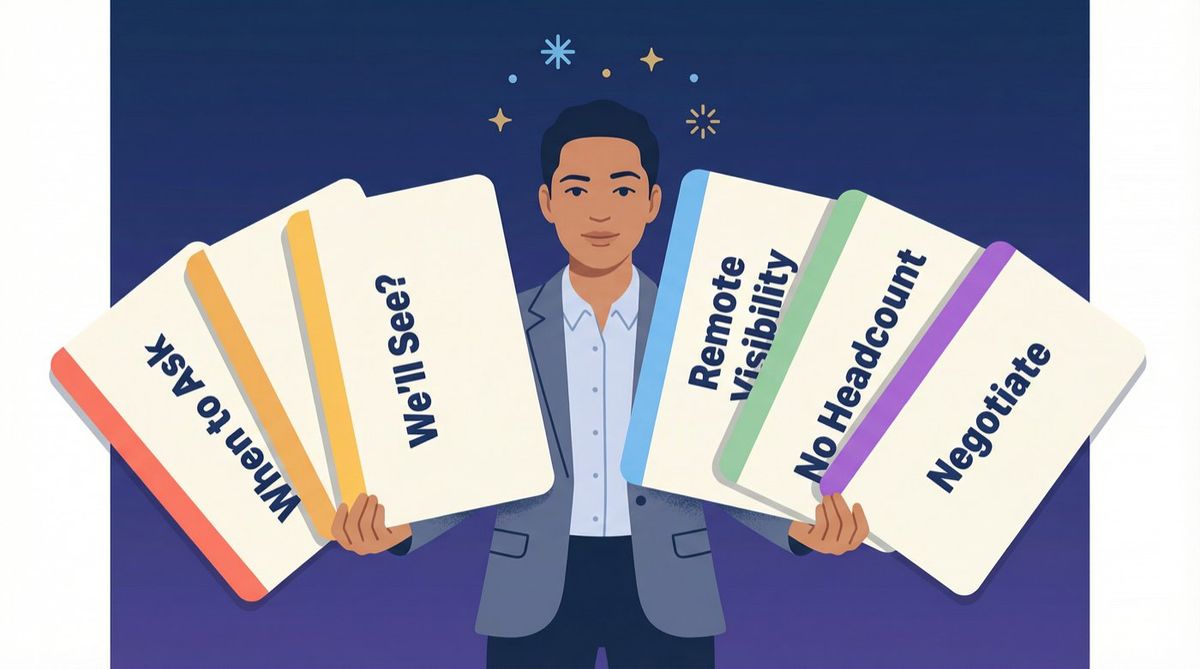 Editorial illustration of an intern holding fanned-out question cards covering return offer timing, negotiation, remote visibility, and competing offers