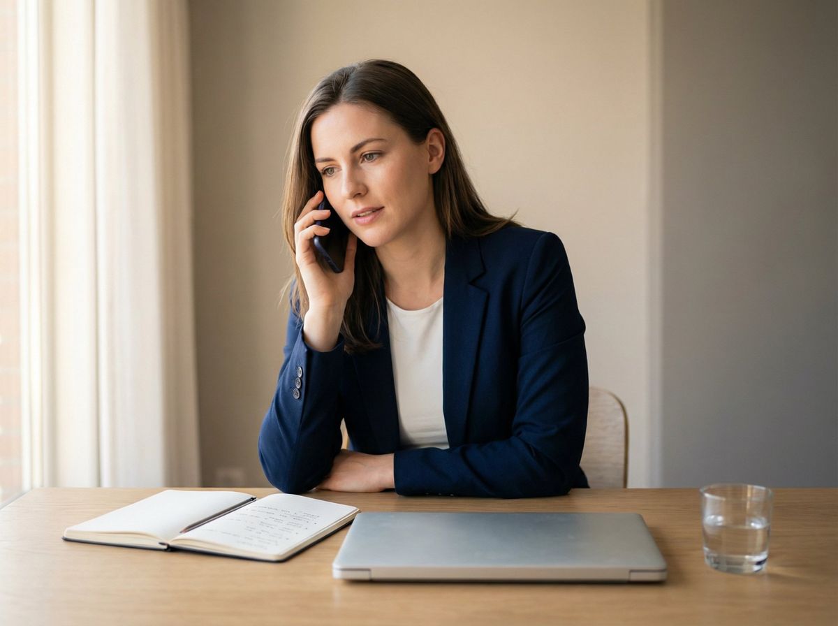 A composed professional on a phone call delivering a salary counter-offer with calm confidence, notepad of key talking points nearby