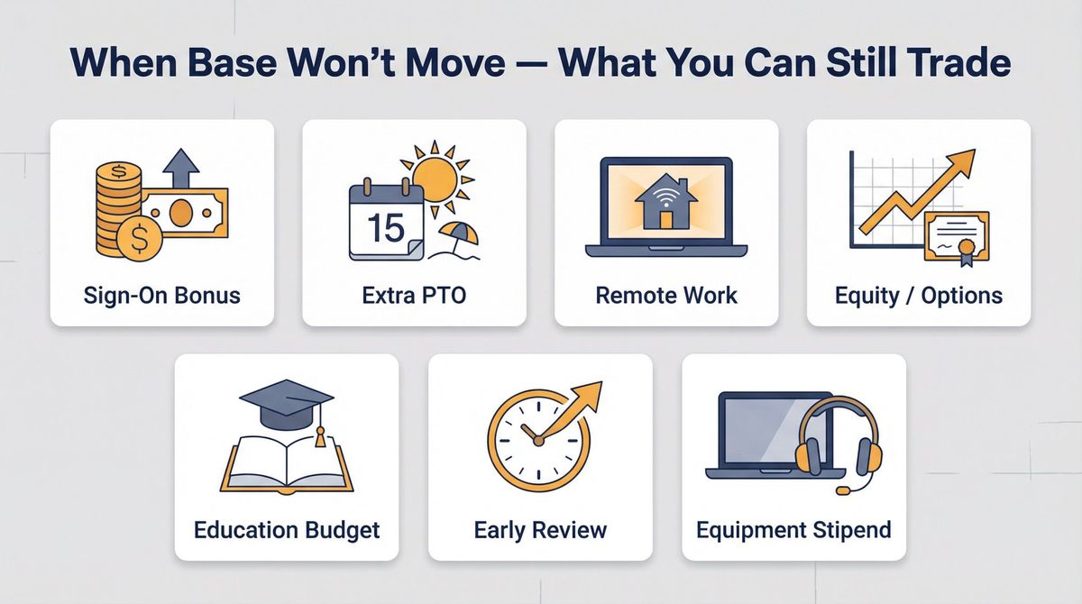 Negotiable job benefits beyond salary: sign-on bonus, PTO, remote work, equity, education, equipment, and early review