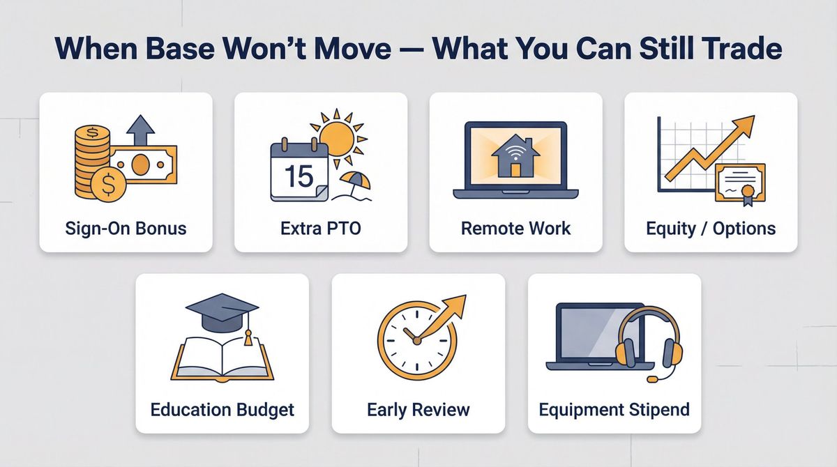 Negotiable job benefits beyond salary: sign-on bonus, PTO, remote work, equity, education, equipment, and early review
