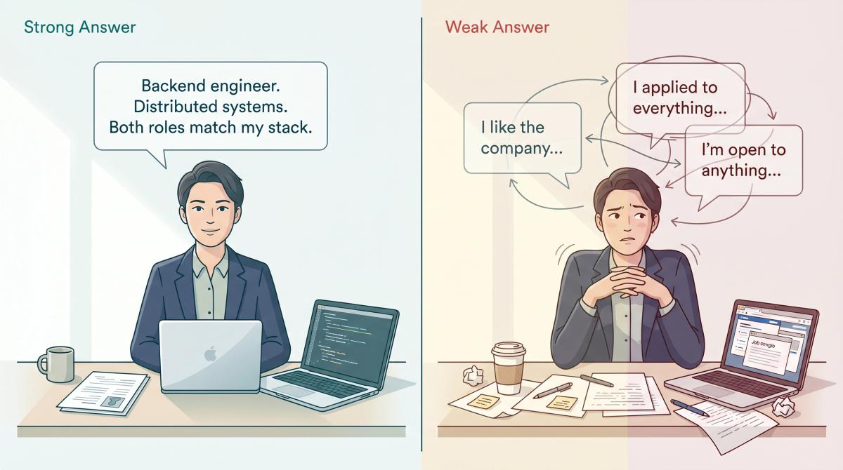 Split panel showing a confident job applicant with a clear one-sentence answer versus a confused applicant with vague scattered reasoning