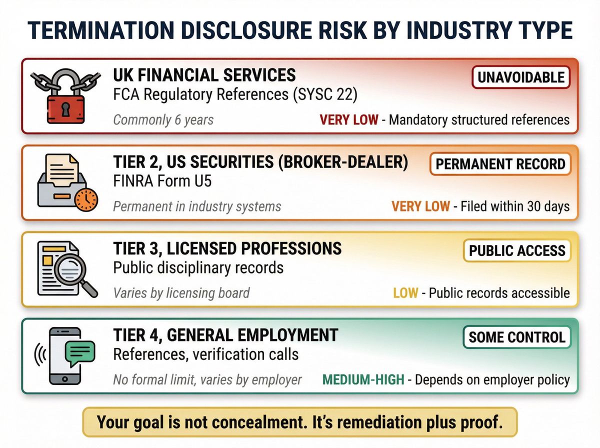 Four-tier industry risk diagram showing mandatory termination disclosure requirements by sector