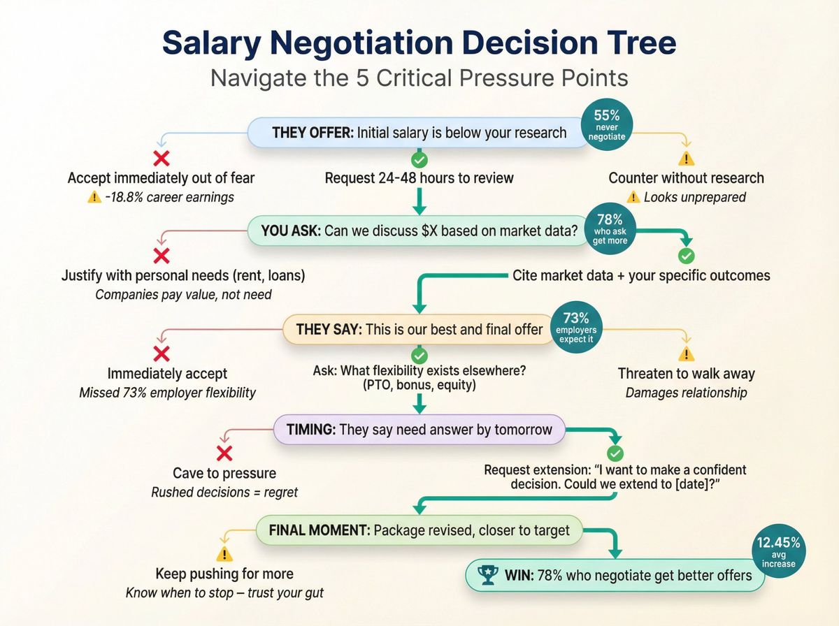 Decision tree infographic showing key salary negotiation pressure points and optimal responses at each junction