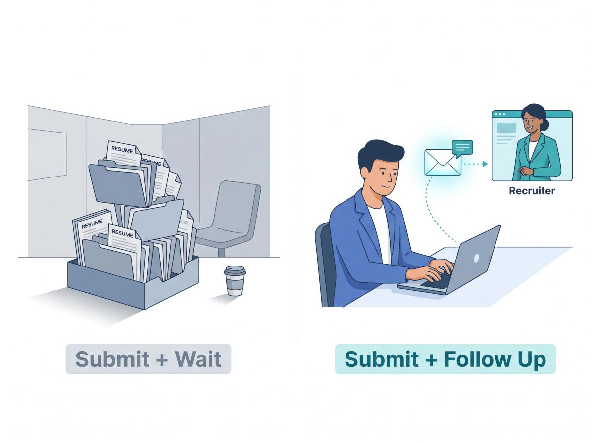 Split illustration: job application lost in a pile on the left vs. a job seeker sending a targeted follow-up message on the right