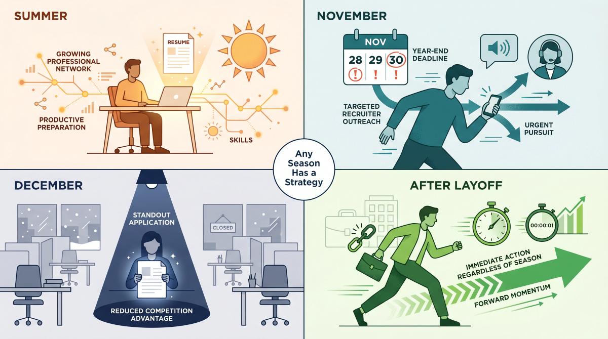 Four-panel illustration showing off-peak job search strategies for summer, November, December, and post-layoff seasons