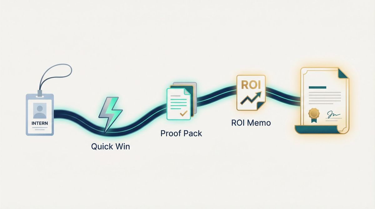 Editorial illustration showing an intern's strategic journey from internship badge to full-time job offer letter, with playbook milestones