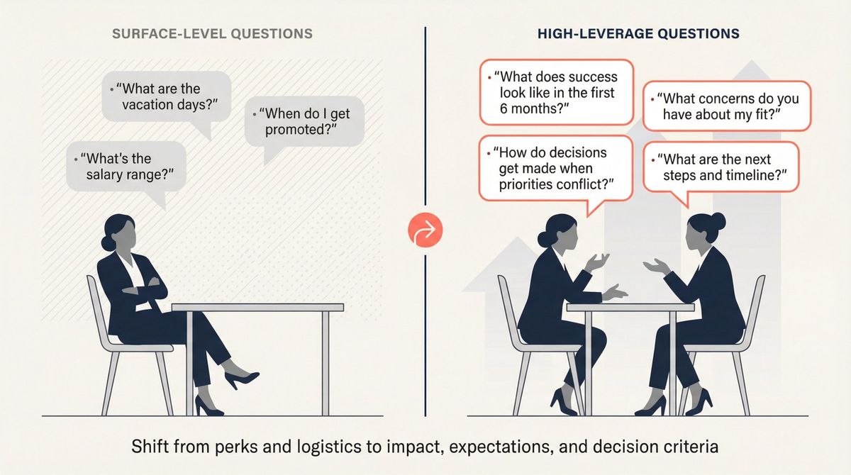 Split-panel illustration contrasting weak perks-focused questions with strategic impact-focused questions for final interviews