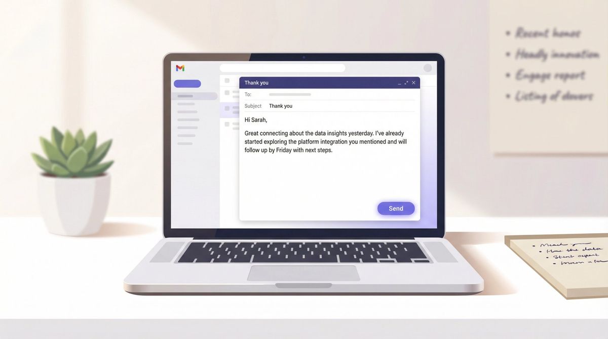Clean laptop screen showing a thank-you email draft after an informational interview, with a specific insight and planned action visible