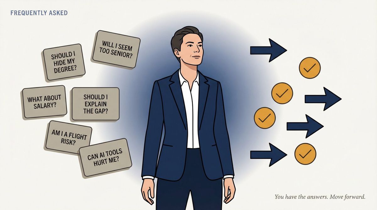Overqualified professional standing tall as career questions resolve into clear answers — FAQ closing editorial illustration
