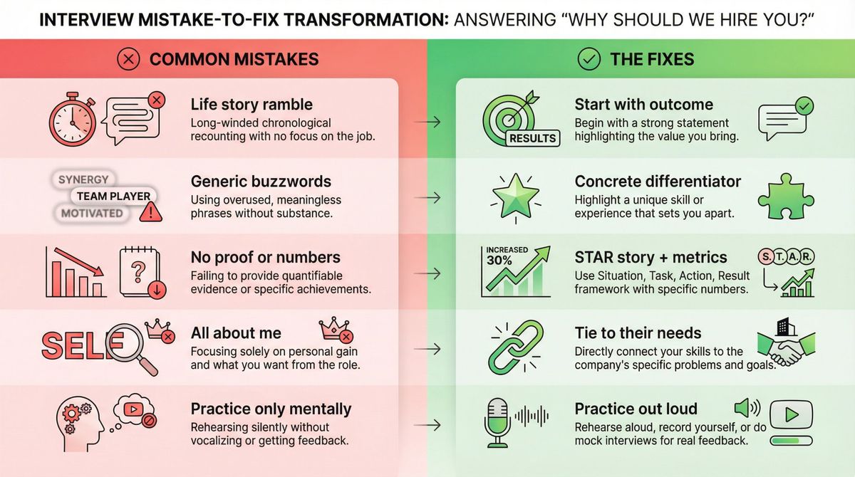 Visual comparison of 10 common interview mistakes vs their fixes for answering 'Why should we hire you?'