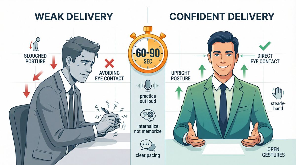 Side-by-side comparison showing weak vs confident interview body language and delivery techniques