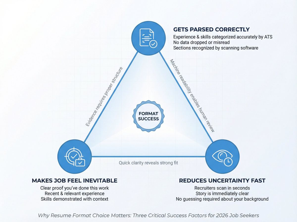Triangular diagram showing three interconnected resume success factors: ATS parsing, recruiter clarity, job fit evidence