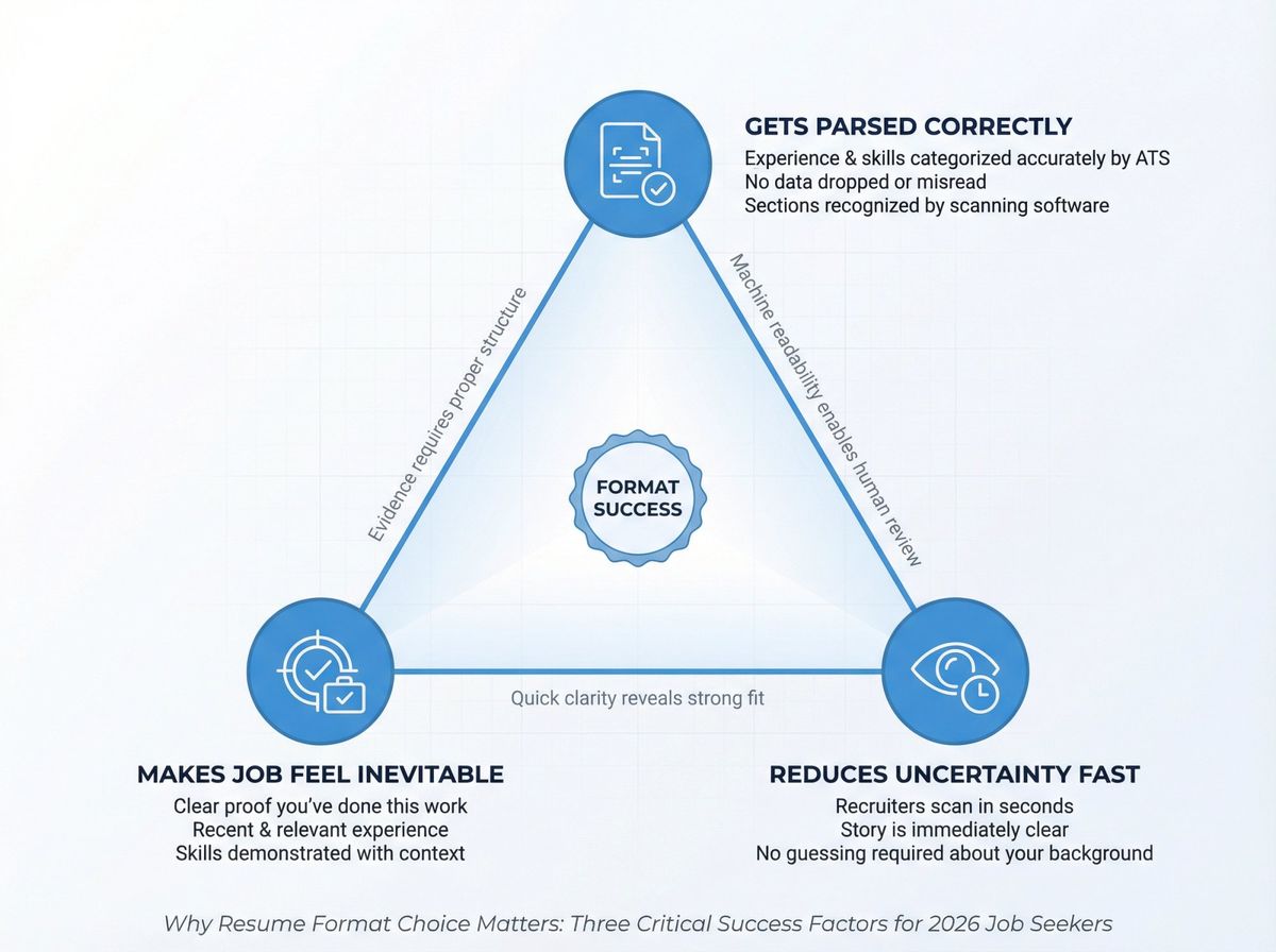 Triangular diagram showing three interconnected resume success factors: ATS parsing, recruiter clarity, job fit evidence