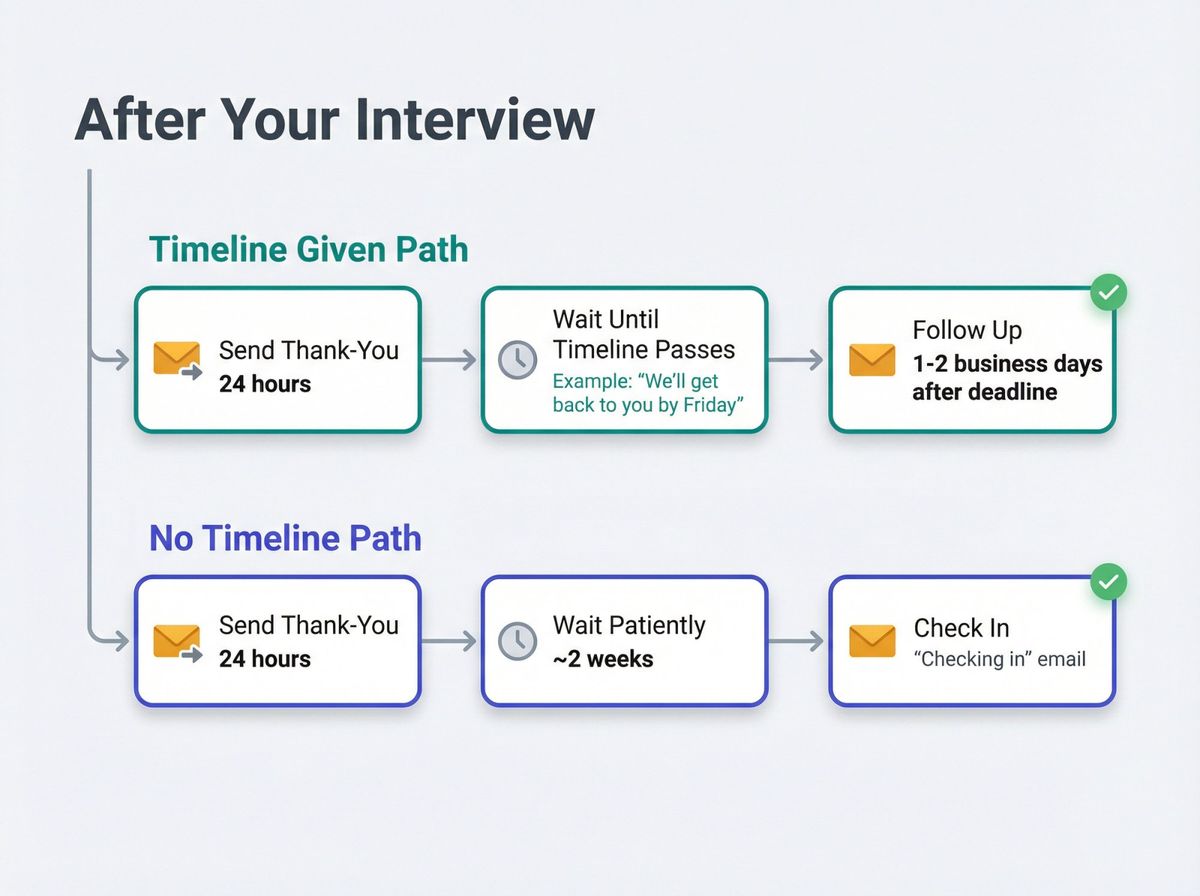 Decision tree infographic showing two post-interview follow-up pathways with specific timing guidance
