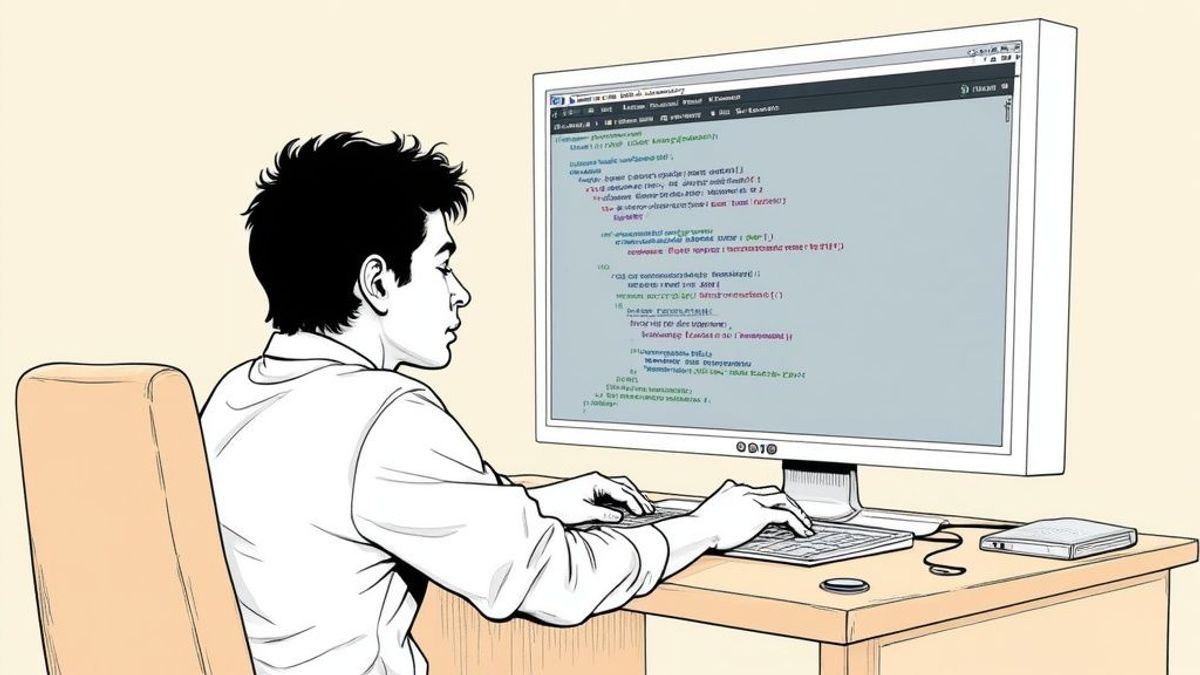 Developer writing code on a desktop computer at a workstation.