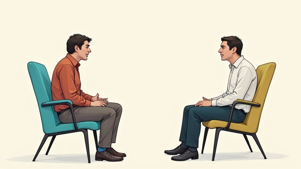 A diverse group of young professionals sitting around a table, engaged in a confident and professional discussion during an interview.