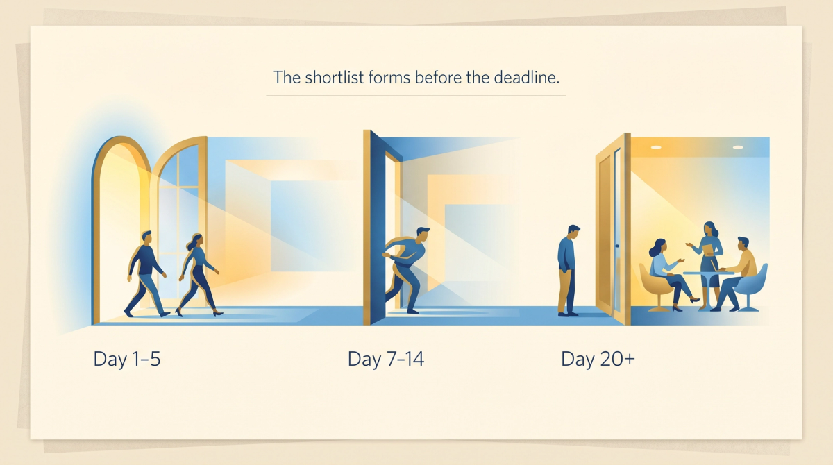 Editorial illustration showing a job posting timeline where early applicants enter an open window that narrows shut by day 20, locking out late applicants