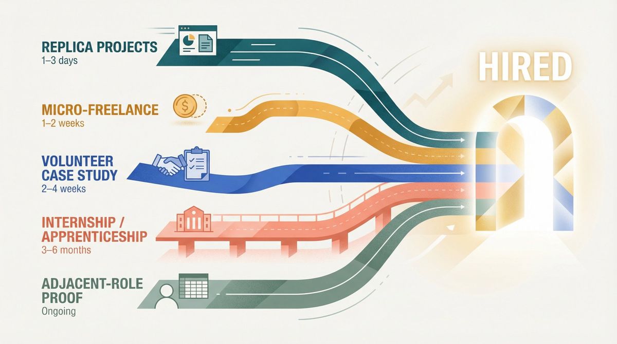 Five paths to building proof without job experience converging toward a job offer, shown as branching routes in an editorial illustration